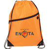 An orange drawstring sportspack with a front zip pocket and black accents, featuring a logo.