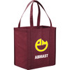 A maroon reusable grocery tote bag with a logo on the front and sturdy handles.