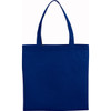 A blue non-woven tote bag with two long handles and a simple design. It features a logo on one side.