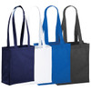 Mini Elm Non-Woven Tote bags in navy, white, blue, and black with long handles and a logo on each bag.