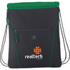 A black drawstring bag with a green top, featuring a front zip pocket and a logo.