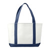 A large, white tote bag with navy blue straps and base, featuring a simple design and a logo.