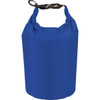 A blue waterproof outdoor bag with a roll-top closure and a clip for secure carrying. Features branding.