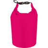 A waterproof outdoor bag in bright pink, featuring a secure strap and buckle closure. Includes branding on the surface.