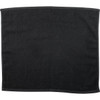 A black gym towel with a textured surface and a bordered edge. It features a small logo in one corner.