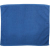 A blue gym towel featuring a textured surface and a contrasting border. The towel includes a logo.