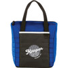 A blue quilted lunch cooler bag with a black front pocket and a logo. It features sturdy black handles.