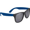 Retro promotional glasses with a black frame and blue arms. They feature dark tinted lenses and a logo.