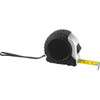 A black and silver tape measure with a rubber grip and a yellow measuring tape extended. It features a logo on one side.