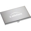 A silver business card holder with a logo on the front and a sleek, minimalist design.