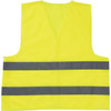 A bright yellow safety vest featuring reflective grey stripes and a simple design. It includes a logo on the front.
