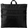 A black travel pouch with three zipped compartments and a top handle, designed for storing toiletries and accessories.