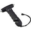 A black life-saving hammer with a textured handle and two metal points at the top, featuring a lanyard.