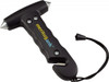 A black life-saving hammer tool with a grip handle, two pointed ends, and a lanyard attachment, featuring a logo.