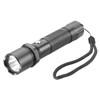 A black torch with a textured grip and wrist strap, featuring a light at one end. It has a branding logo.