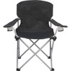 An oversized folding chair in black fabric with a metallic silver frame and armrests featuring mesh pockets.