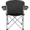 An oversized folding chair in black, featuring cup holders and a silver frame. The chair is fully open and upright.