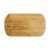A bamboo cheese board with a logo, featuring a smooth, oval design. Natural wood colour enhances its rustic appeal.