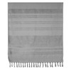 A grey flat terry towel with striped patterns and tassel detailing, featuring a logo. Perfect for leisure and outdoor use.