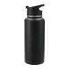 A drink bottle in matte black, featuring a flip-top lid and a sleek design. It includes a logo on the body.