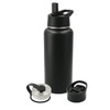 A drink bottle kit in matte black featuring a 950ml vacuum bottle and two interchangeable lids. It has a logo on the bottle.