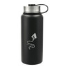 A drink bottle in matte black with a stainless steel lid and a logo, featuring a 950ml capacity.