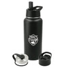 A drink bottle in matte black, featuring a logo and two interchangeable lids. It has a sleek, modern design.