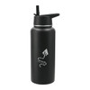 A drink bottle in matte black with a screw-on lid and built-in straw, featuring a logo.
