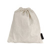 A cream-coloured drawstring bag made of fabric, featuring a small branding label on the side.