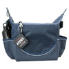 A navy cooler bag with exterior pockets, featuring a drink bottle and a branded tag.