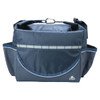 A navy cooler bag with a main compartment, side pockets, and a logo. Features a shoulder strap for easy carrying.