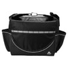 A black cooler bag with adjustable straps, featuring multiple compartments and a branding logo.
