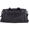 A black duffle bag with mesh pockets and dual handles, featuring a shoulder strap and branding.