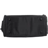 A black duffle bag with a textured surface, featuring a zip closure and a logo.