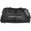 A black duffle bag with a branded logo and multiple zippered compartments.