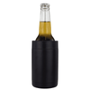 A drink bottle holder in black, designed to keep beverages cold, featuring a stainless steel bottle inside.