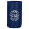 A drink bottle holder in navy blue with a circular logo featuring a hop design and text details.