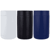 A drink bottle holder set featuring three can holders in white, black, and navy blue, each with a smooth exterior.