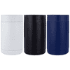 A drink bottle holder set featuring three can holders in white, black, and navy blue, each with a smooth exterior.