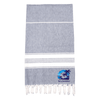 A 100% cotton Turkish towel in grey with white stripes and tassels, featuring a logo.