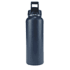 A drink bottle in navy blue with a wide mouth and a sturdy handle, featuring a logo on the front.