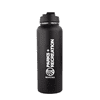 A drink bottle in matte black with a screw-top lid and a logo printed on the side.
