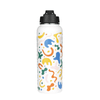A drink bottle in white featuring a colourful abstract design, topped with a black cap. It has a branding logo.