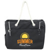 A black waterproof beach bag with a rope handle and a sun graphic, featuring zipped and open pockets.