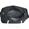 A waterproof black beach bag with a white rope handle, featuring an open interior for easy access.