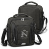 A dark green cooler bag with a logo, featuring two handles and an adjustable shoulder strap.