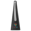 A black, triangular insect repellent fan featuring a silver accent and a multicoloured logo.