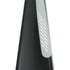 A black fan with a silver side accent, featuring a sleek, conical design. It includes a logo on the surface.