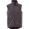 A dark grey softshell vest with a high collar and a zippered front pocket, featuring a logo on the chest.