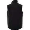 A black men's softshell vest featuring a high collar and a simple design with a logo on the back.